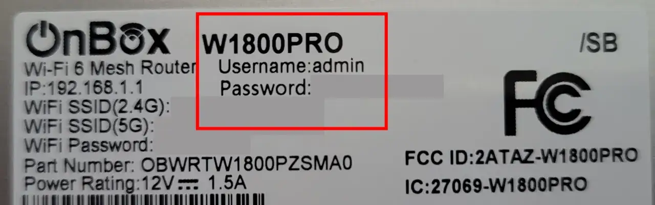 Router OnBox W1800PRO z Wi-Fi 6. Domyślny login to admin. Sieć Wi-Fi ma różne nazwy (SSID) dla pasm 2.4G i 5G.