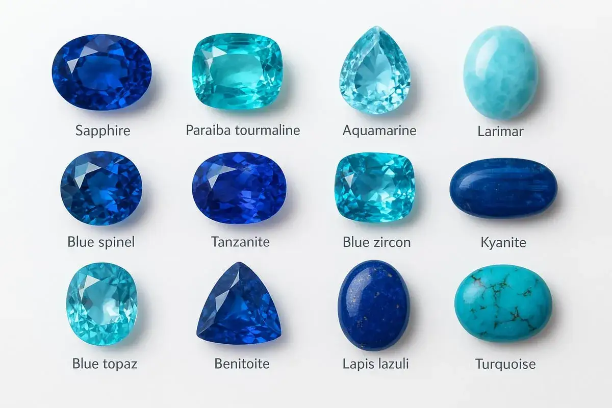 Kolekcja niebieskich kamieni szlachetnych: szafir, turmalin Paraiba, akwamaryn, larimar, spinel, tanzanit, cyrkon, kyanit, topaz, benitoit, lapis lazuli i turkus.