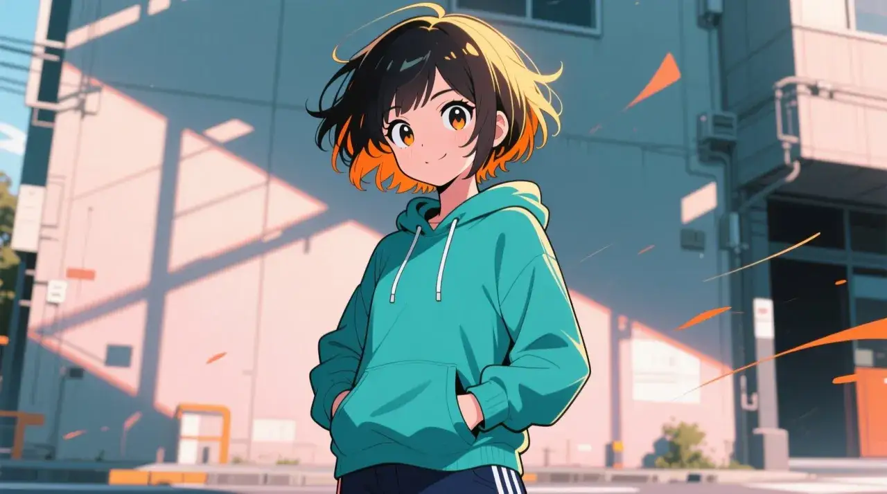 Chica con sudadera turquesa, pelo corto con puntas naranjas, ojos grandes y brillantes. Una tomboy que es, con una actitud despreocupada.