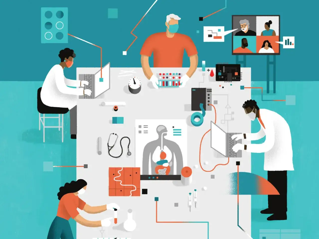 Ricercatori in laboratorio analizzano dati sanitari e biometria, un campo con ottime prospettive di stipendio.