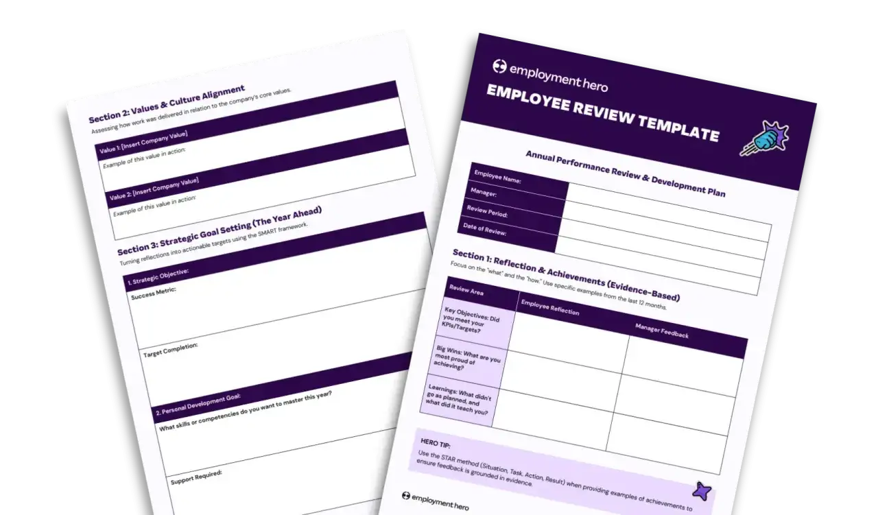 Employee goals are outlined in these review templates, covering values, achievements, and future development plans.