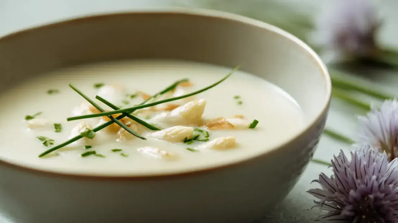 Un bol de velouté d'asperges blanches, garni de brins de ciboulette et de quelques morceaux d'asperges.