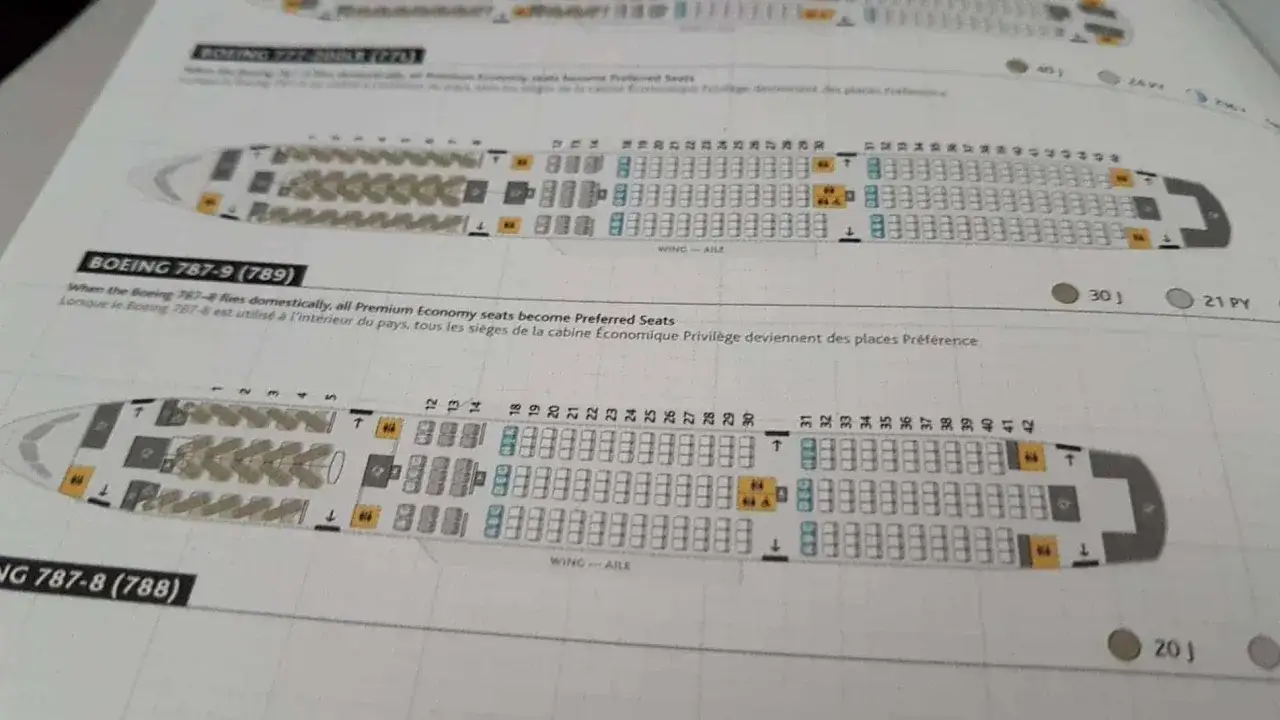 Flugzeug sitzplan für Boeing 787-9. Premium Economy Sitze sind als bevorzugte Sitze markiert.