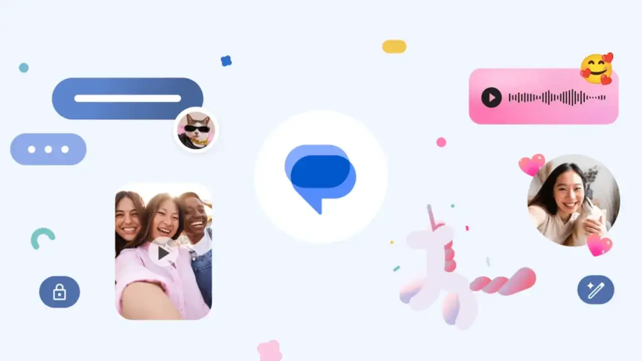 Wiadomości Google SMS: uśmiechnięte twarze, kot w okularach, nagranie audio i wideo, balonowy jednorożec.