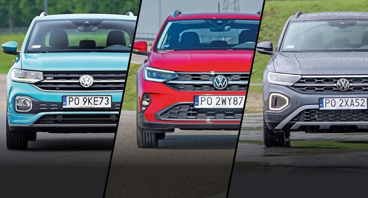 Trzy modele Volkswagen Cross: turkusowy, czerwony i szary, prezentują swoje przednie grille i światła.