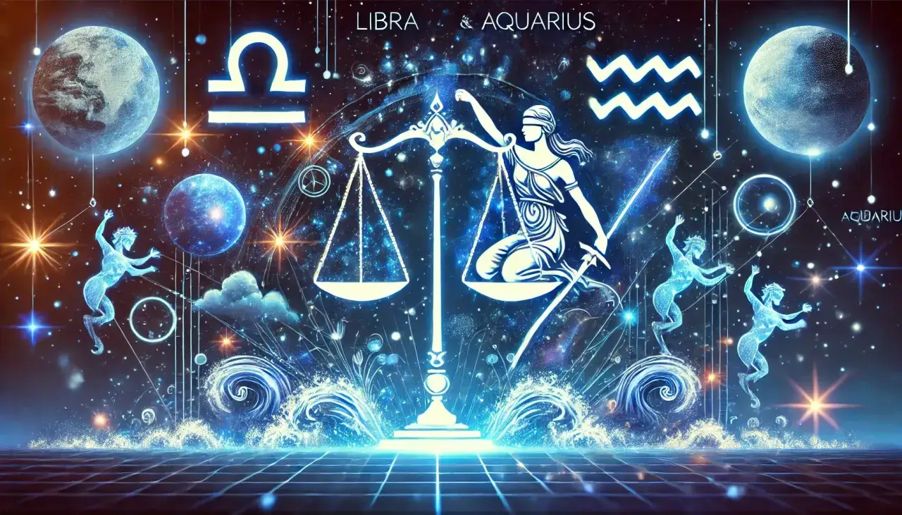 Waga i Wodnik w kosmicznym tańcu przyjaźni. Symbolika znaków zodiaku i planet w świetlistej, niebieskiej oprawie.
