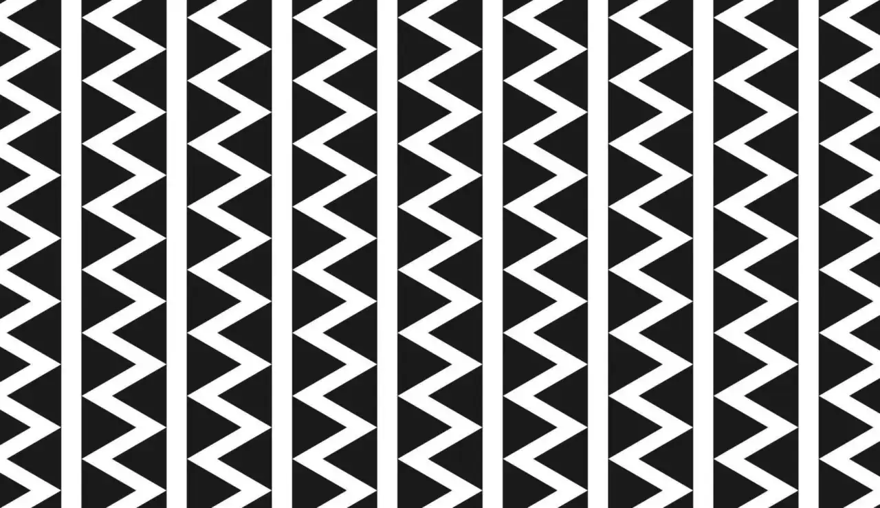 Un motif graphique noir et blanc, compos&eacute; de triangles formant un motif qui se r&eacute;p&egrave;te &agrave; l'infini, comme une &eacute;chelle sans fin.