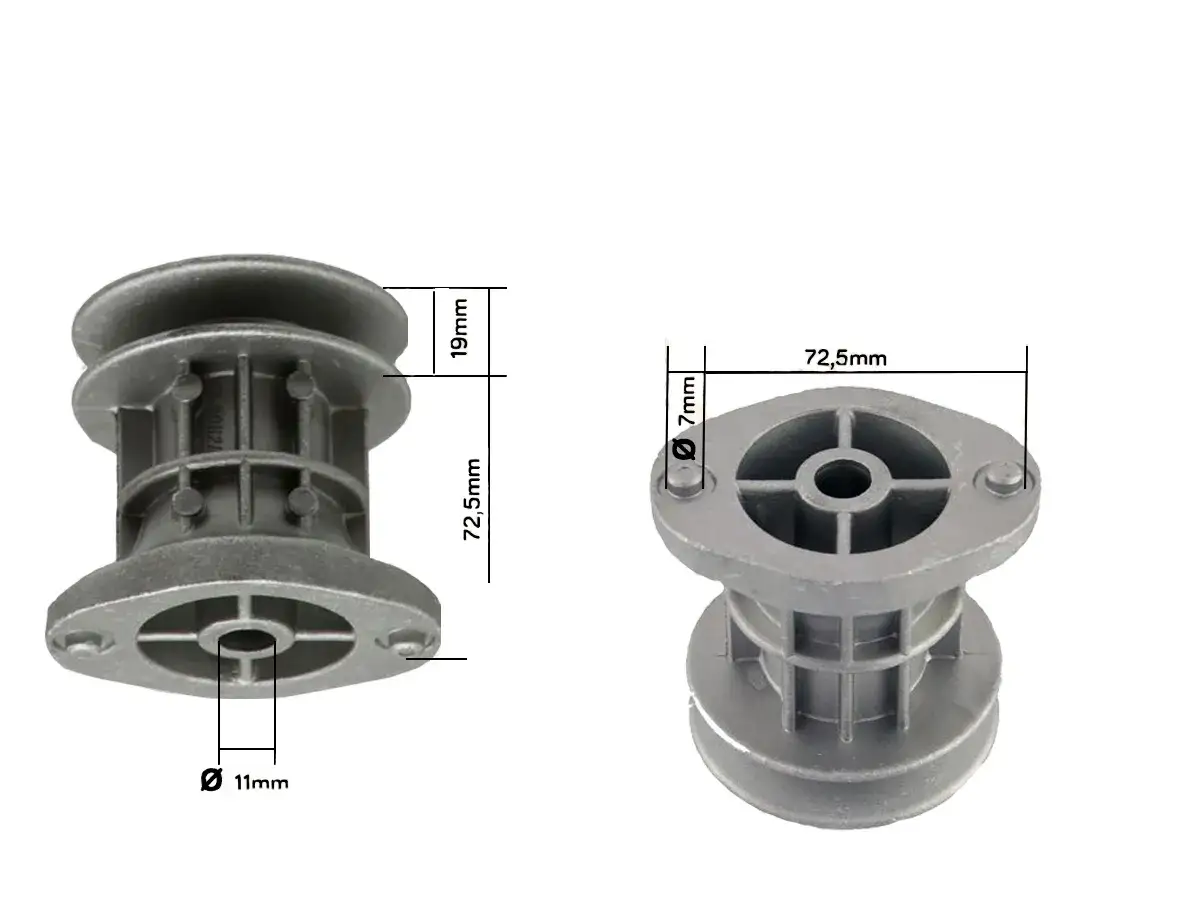 Metalowa piasta noża kosiarki z wymiarami: 72,5mm szerokości, 72,5mm wysokości, 19mm średnicy górnej części i 11mm średnicy otworu.