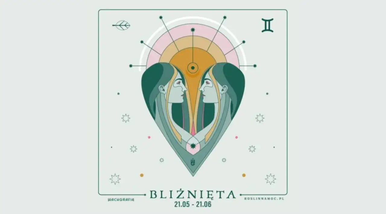 Grafika z symbolem Bliźniąt i dwiema twarzami. Dziś horoskop dzienny bliźnięta zapowiada inspirujące chwile.