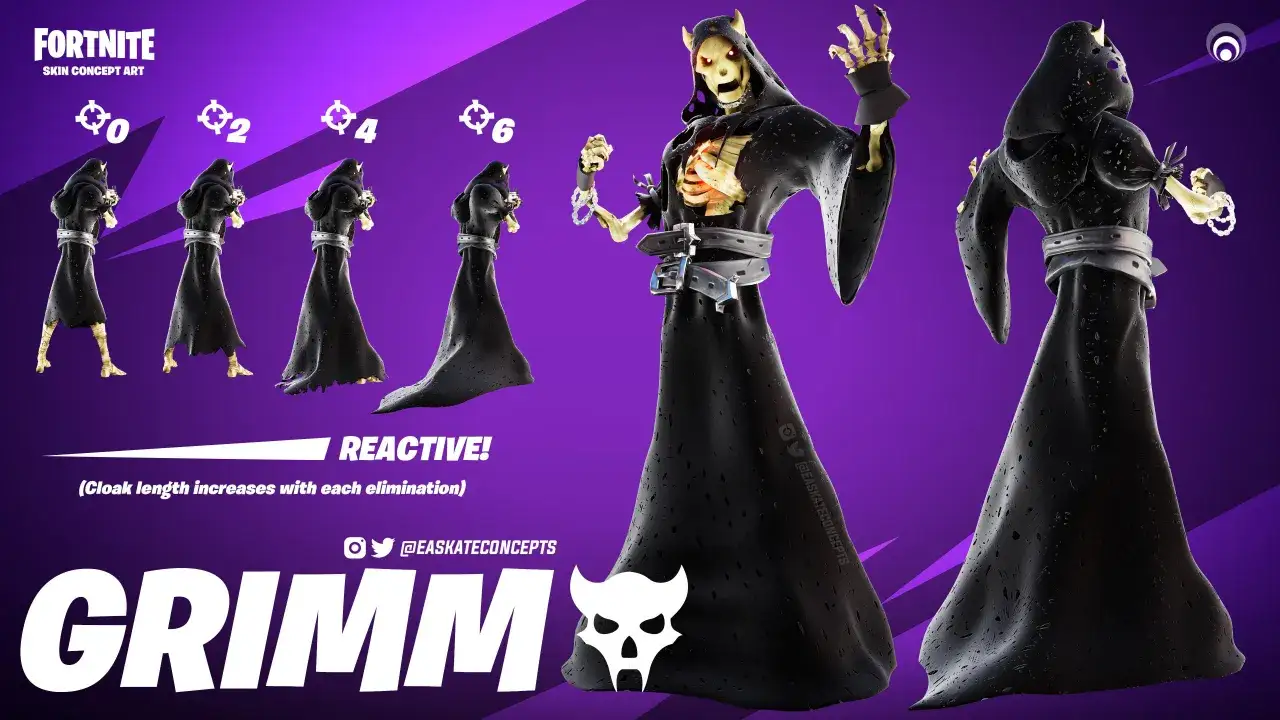 Grimm, żniwiarz z Fortnite, z czarną, reaktywną peleryną, która wydłuża się z każdą eliminacją.