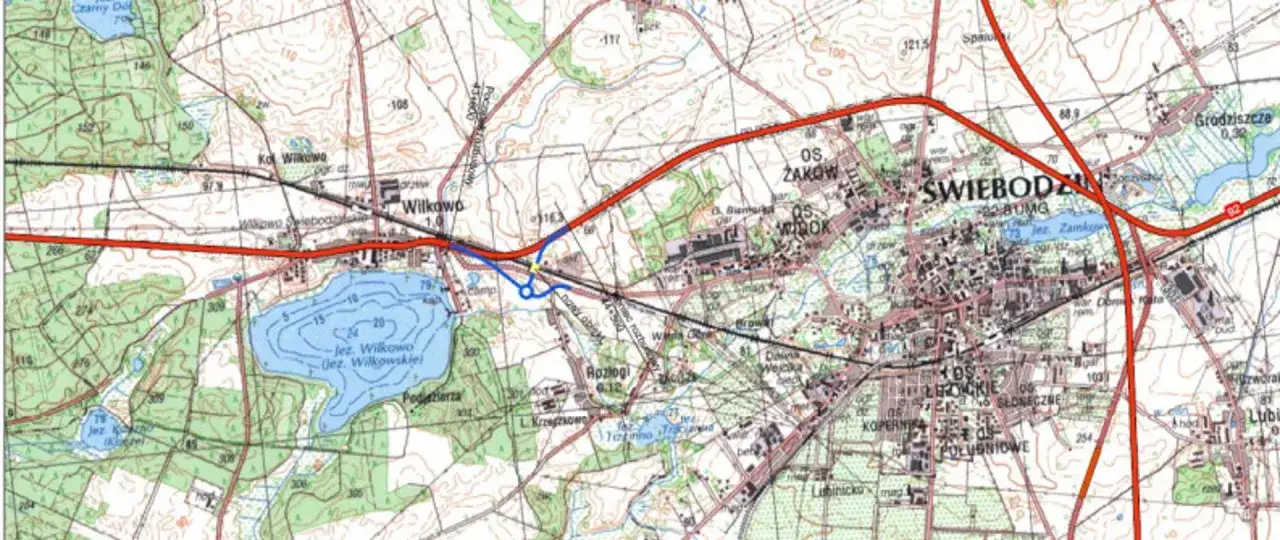 Mapa drogowa z zaznaczoną trasą krajową 92, przebiegającą przez jeziora i osiedla, w tym Świebodzin.