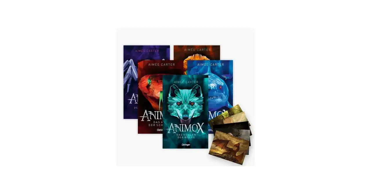 Die Animox Reihenfolge: Fünf Buchcover mit Tieren wie Wolf, Hai und Schlange, sowie weitere Karten mit Fantasy-Motiven.