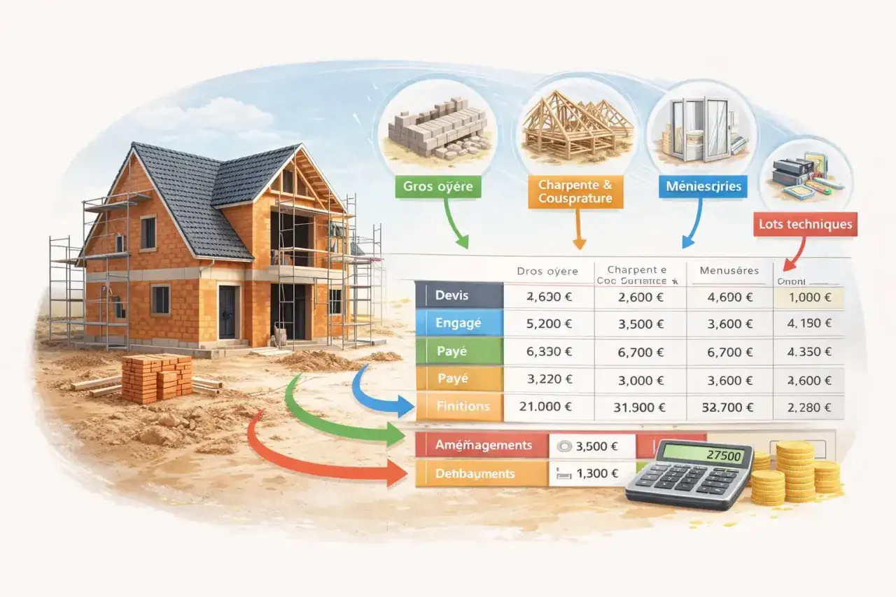 Maison en construction avec un tableau des coûts. Le **crédit construction** est illustré par des étapes de gros œuvre, charpente, menuiseries et lots techniques.