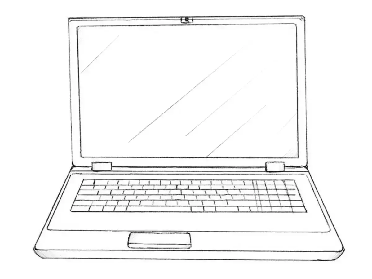 Szkic przedstawia otwartego laptopa z klawiaturą i ekranem. Prosty rysunek, jak narysować laptopa krok po kroku.
