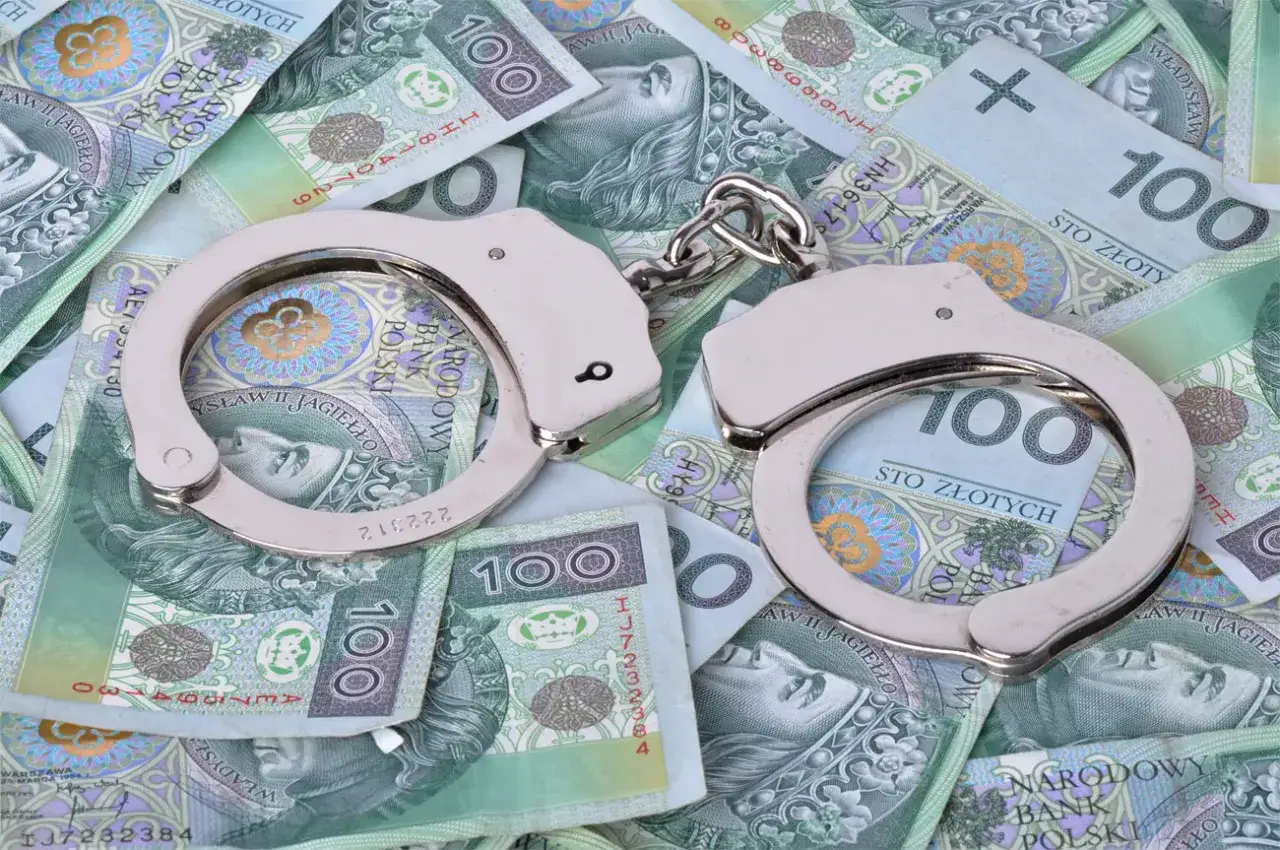 Kajdanki na banknotach 100 zł symbolizują konsekwencje finansowe, które mogą prowadzić do sytuacji, gdy komornik zajmuje majątek, a nawet do pobytu w zakładzie karnym.