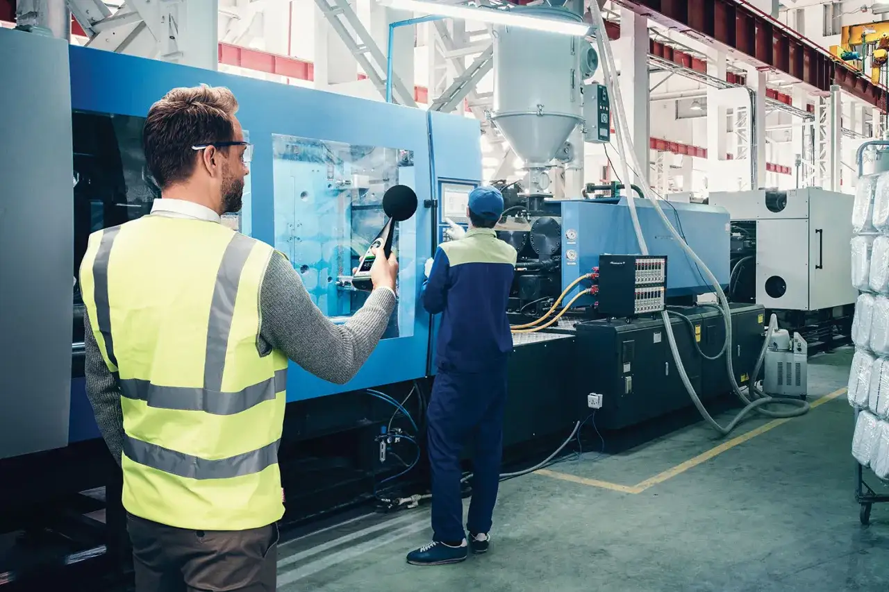 Un técnico mide el ruido de una máquina industrial, mostrando 49.5 dB.