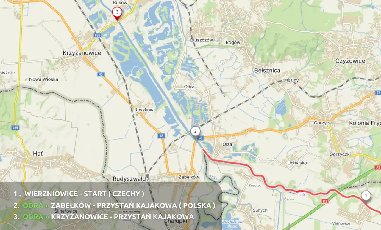 Mapa tras spływu kajakowego rzeka Ruda Rybnik