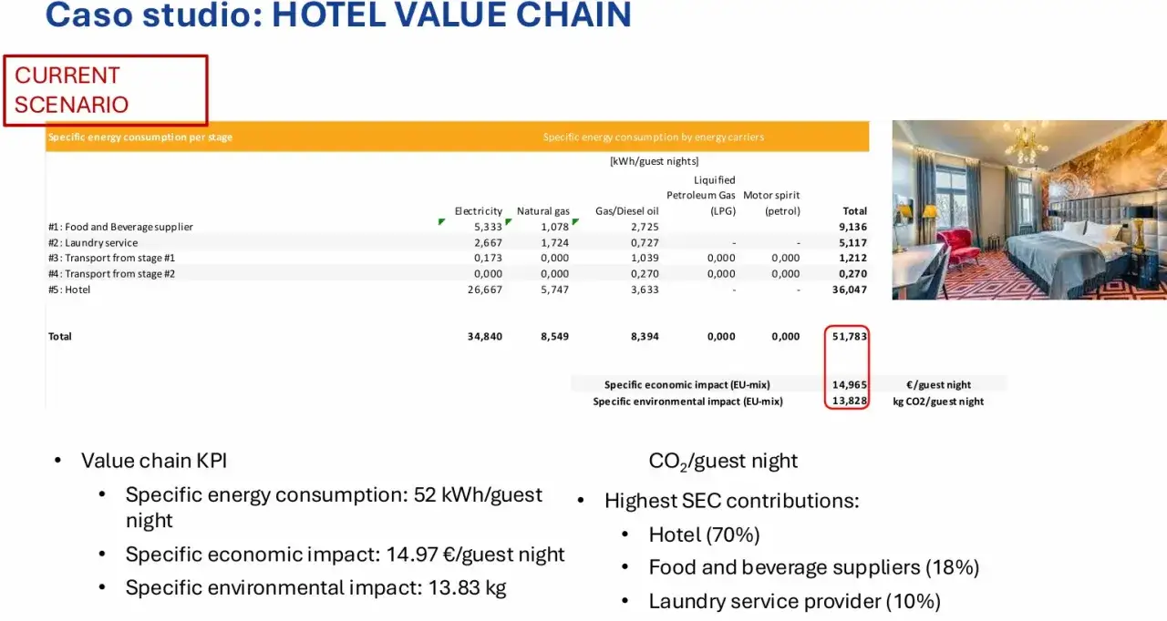 Analisi del risparmio energetico hotel: consumo, impatto economico e ambientale per ospite. Dati su fornitori, lavanderia e hotel.