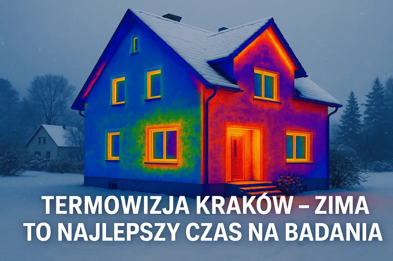Dom w zimowej scenerii, ukazujący straty ciepła podczas badań kamerą termowizyjną. Ciepłe kolory wokół okien i na ścianach wskazują miejsca ucieczki energii.