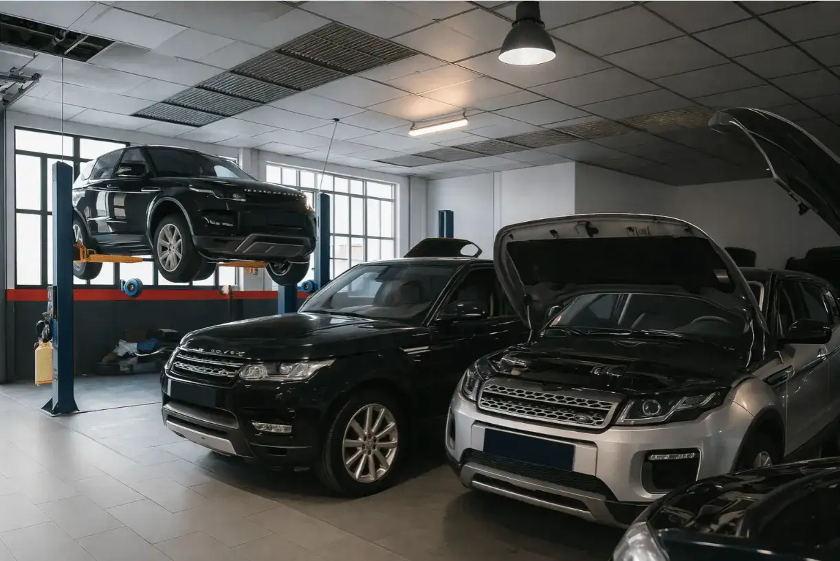 Taller mec&aacute;nico con varios Range Rover Velar, uno en elevador y otros con cap&oacute;s abiertos, listos para solucionar problemas.