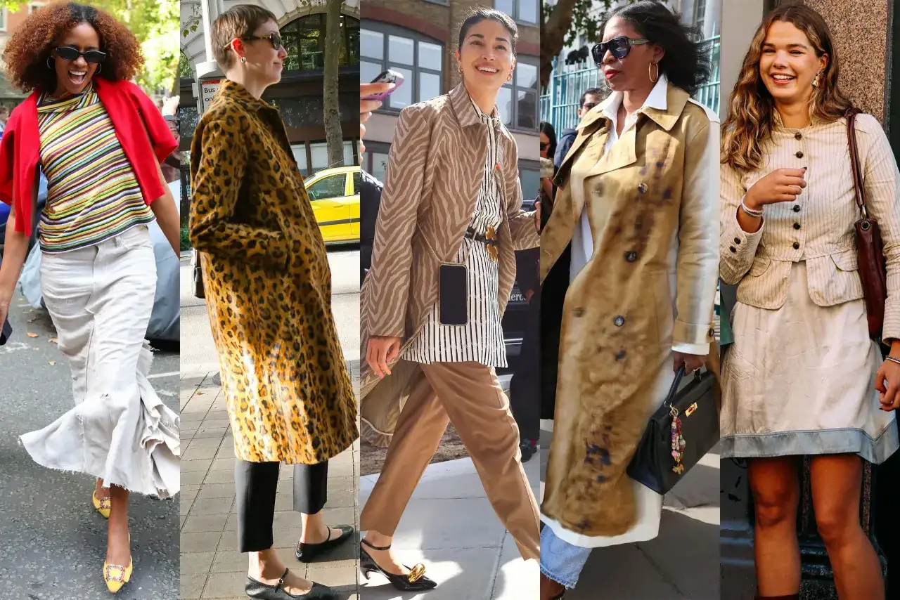 Five women showcase bold style elements: a rainbow stripe top, leopard print coat, zebra print jacket, distressed trench, and a pinstripe jacket.