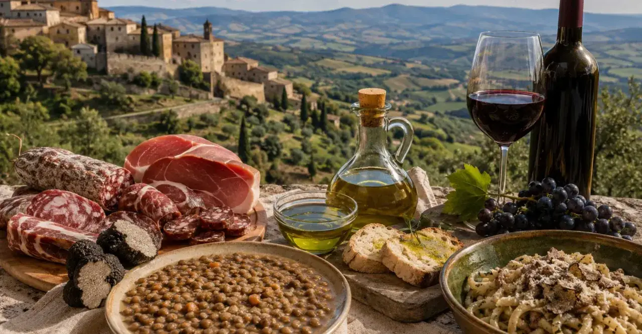 Sapori umbri: salumi, tartufi, lenticchie e vino rosso, perfetti per un tour enogastronomico in Umbria.