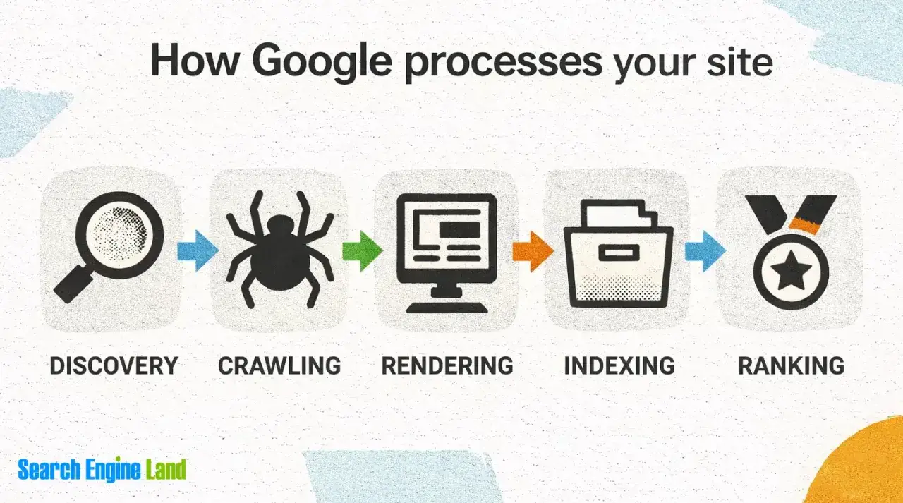 Schemat procesu Google: odkrywanie, indeksowanie, renderowanie, indeksowanie i ranking. Kluczowe dla każdego specjalisty SEO.