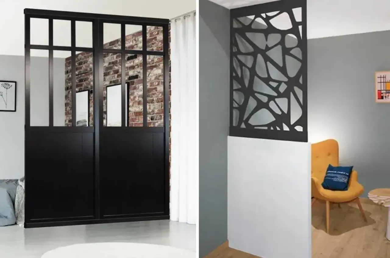 Idées pour créer une cloison amovible : un panneau noir vitré style verrière et un panneau ajouré moderne.