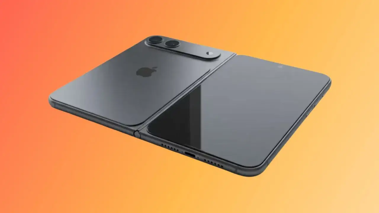 Concept d'un iPhone 18 Fold, un smartphone pliable gris avec deux &eacute;crans et un logo Apple discret.