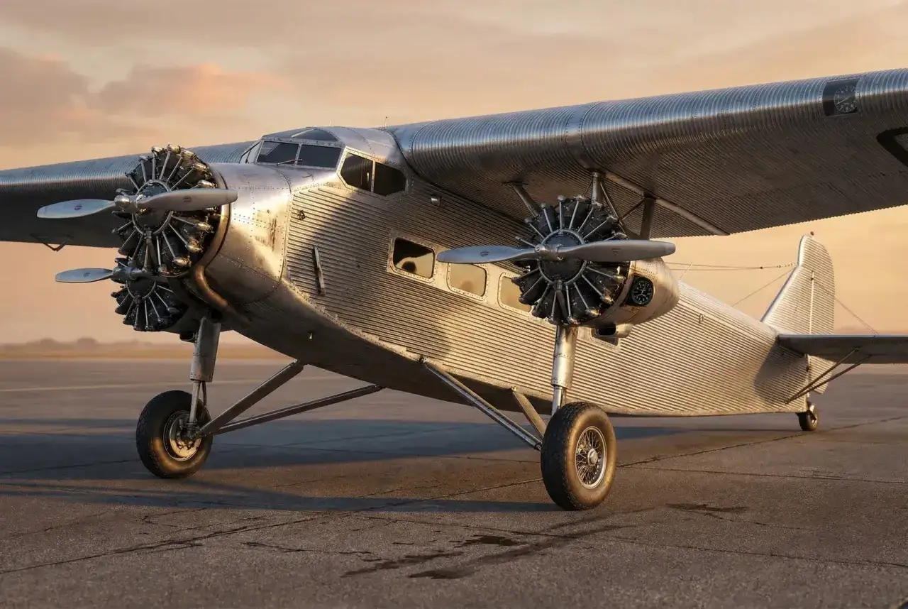 Ein glänzendes Ford Tri-Motor Flugzeug steht auf dem Rollfeld. Seine drei Motoren sind bereit für den Start in den Abendhimmel.