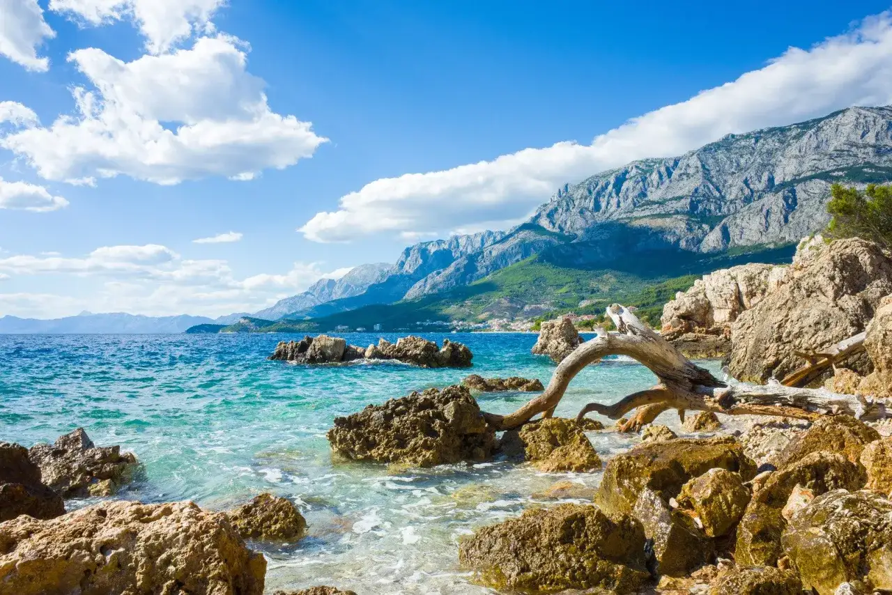 Skalista plaża w Chorwacji z turkusową wodą i górami w tle. Idealne miejsce na odkrywanie chorwackich atrakcji.