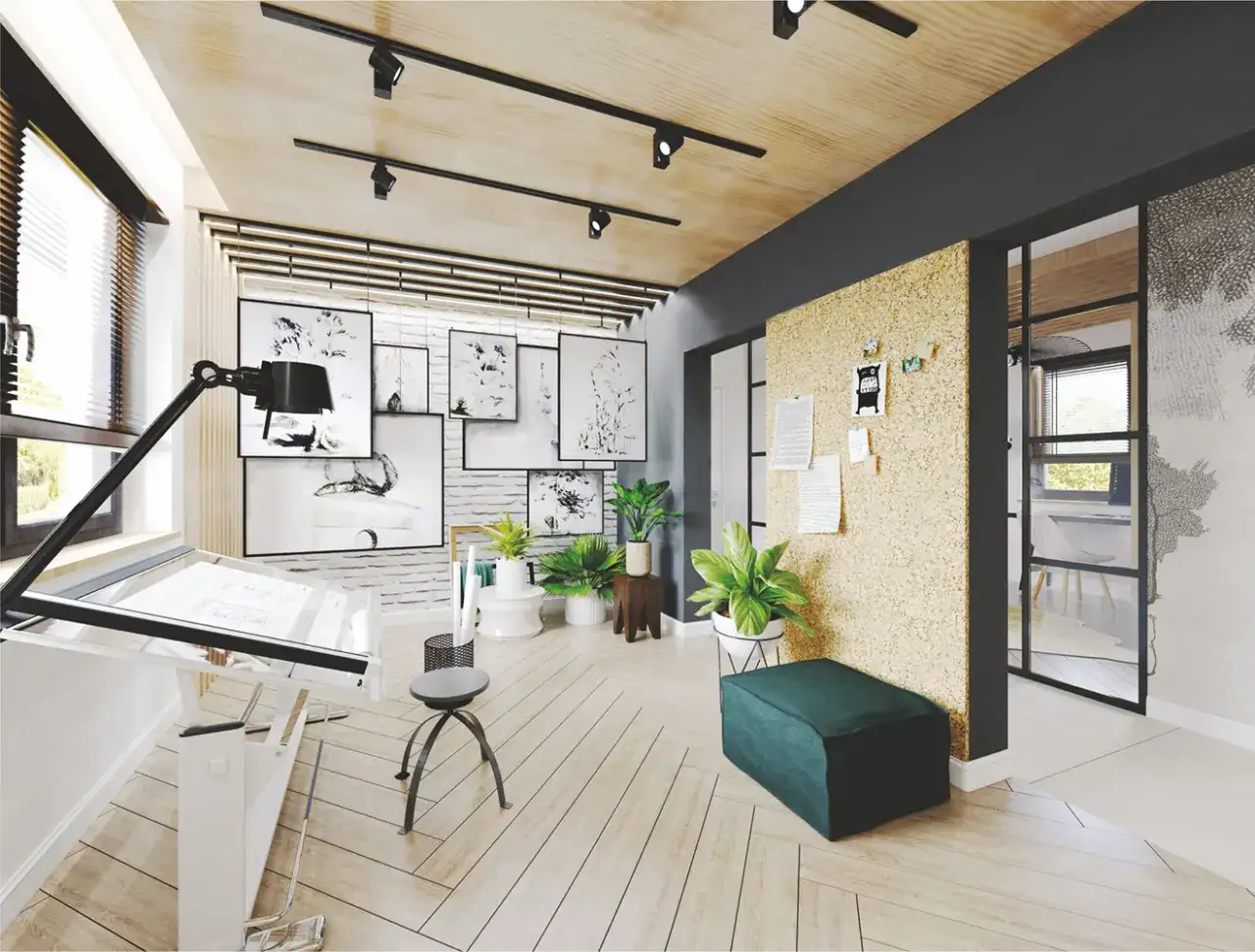 Nowoczesne biuro architektoniczne z tablicą korkową, roślinami i sztalugą.