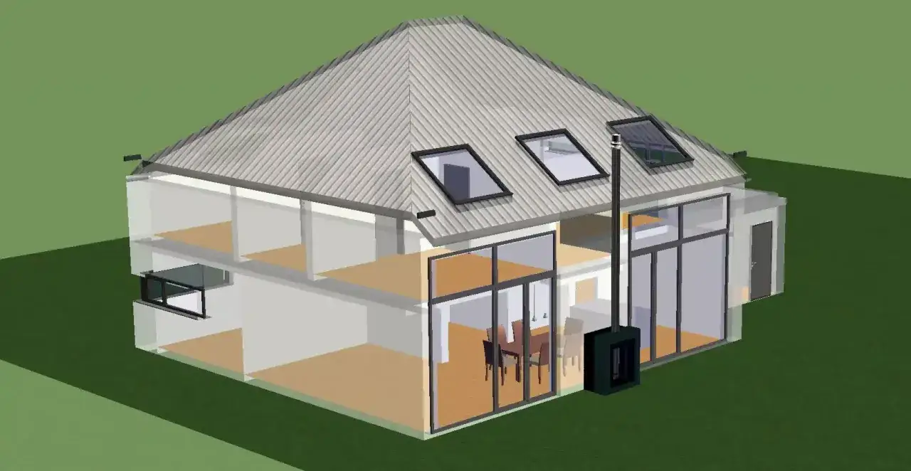 Moderne traufseite haus mit Dachfenstern und großzügiger Glasfront. Ein Kaminofen sorgt für Gemütlichkeit.
