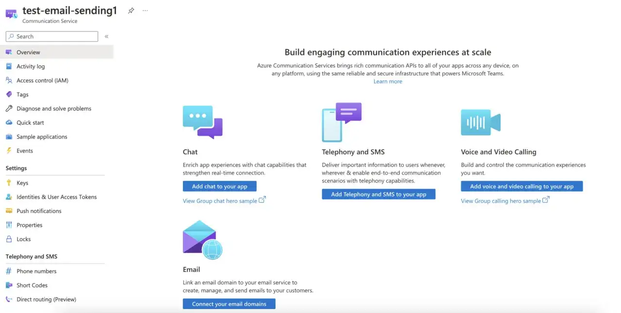 Interface Azure pour la gestion des communications : chat, SMS, appels et emails. Permet de configurer des services comme azure smtp.