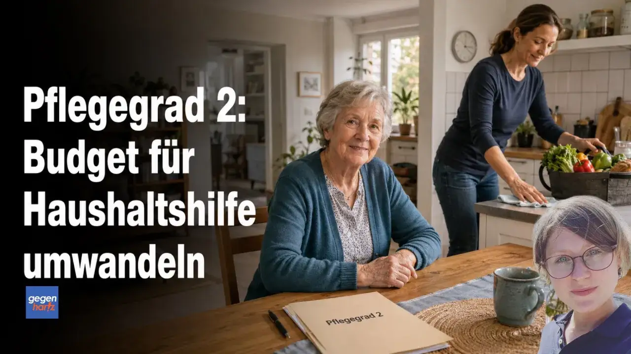 Ältere Frau am Tisch, daneben eine jüngere Frau in der Küche. Thema: Pflegegrad 2 Budget für Haushaltshilfe umwandeln.