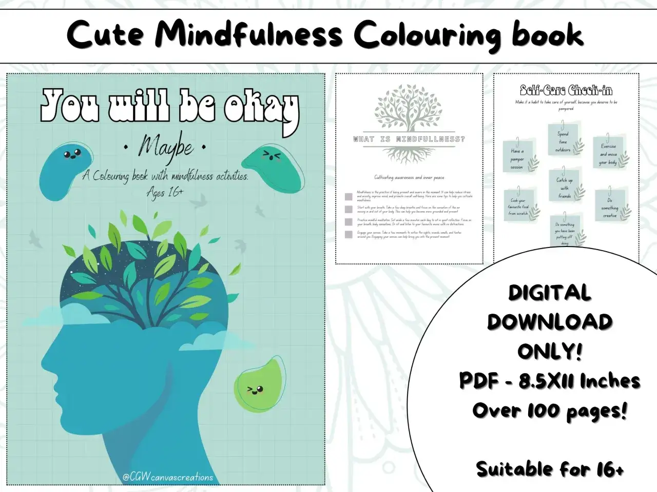 Copertina di un libro da colorare sulla mindfulness, con un profilo blu che contiene un albero e nuvole. Un invito a imparare come amare se stessi.