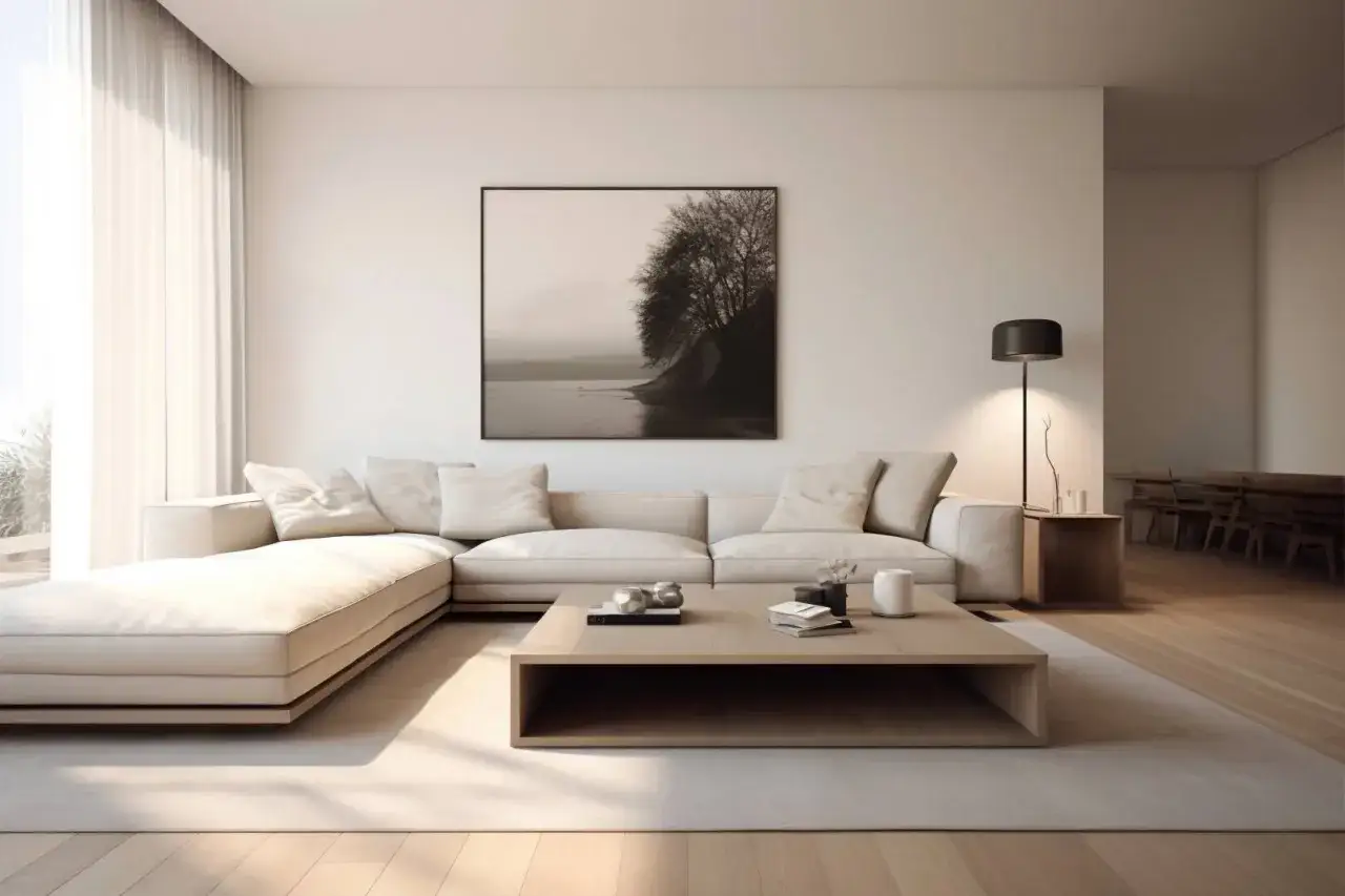 Minimalistyczny salon w odcieniach bieli. Jasna sofa, drewniany stolik i obraz z pejzażem tworzą spokojną atmosferę.