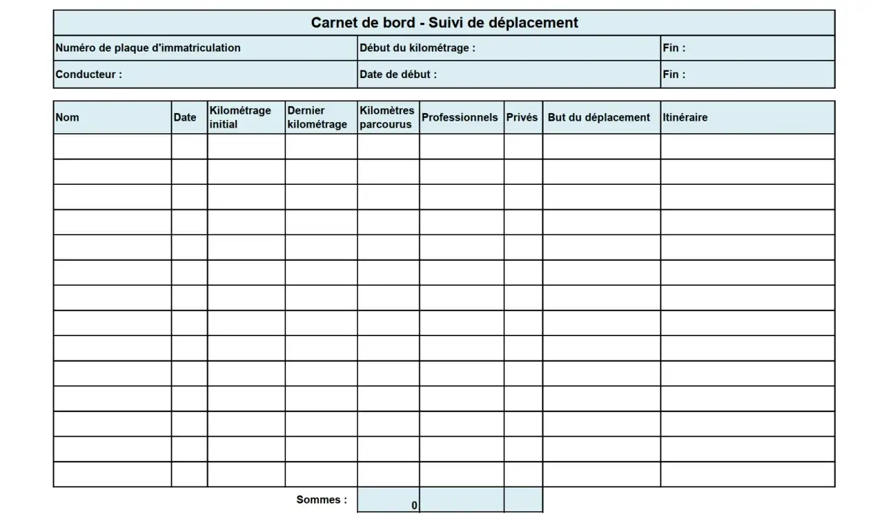 Carnet de bord pour le suivi des d&eacute;placements de voiture. Ce document permet de g&eacute;rer le kilom&eacute;trage, les trajets professionnels et priv&eacute;s, et peut servir pour un suivi entretien voiture gratuit.