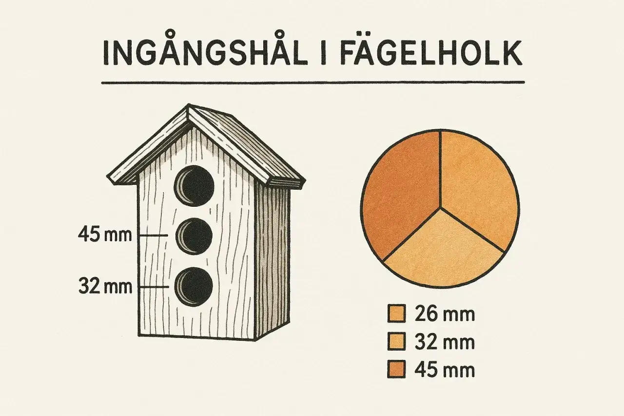 Illustration visar en fågelholk med tre ingångshål i olika storlekar: 26 mm, 32 mm och 45 mm.