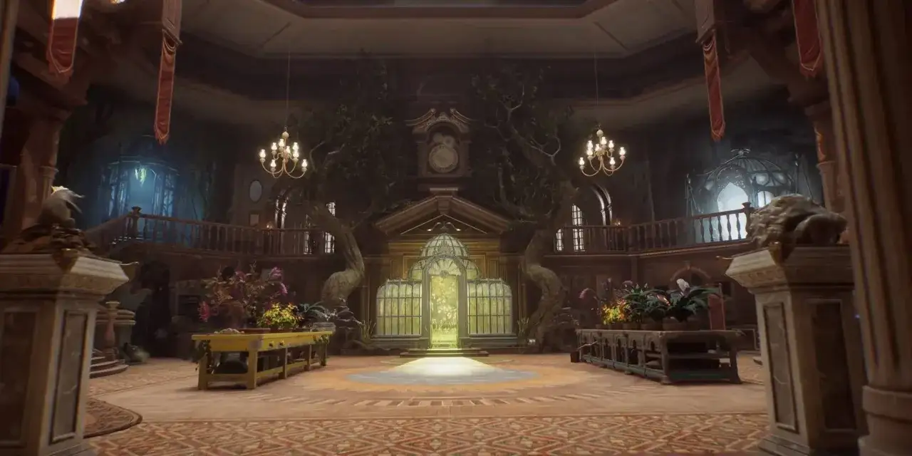 La **sala de los menesteres Hogwarts Legacy** es un espacio m&aacute;gico con &aacute;rboles, plantas y una c&uacute;pula de cristal.