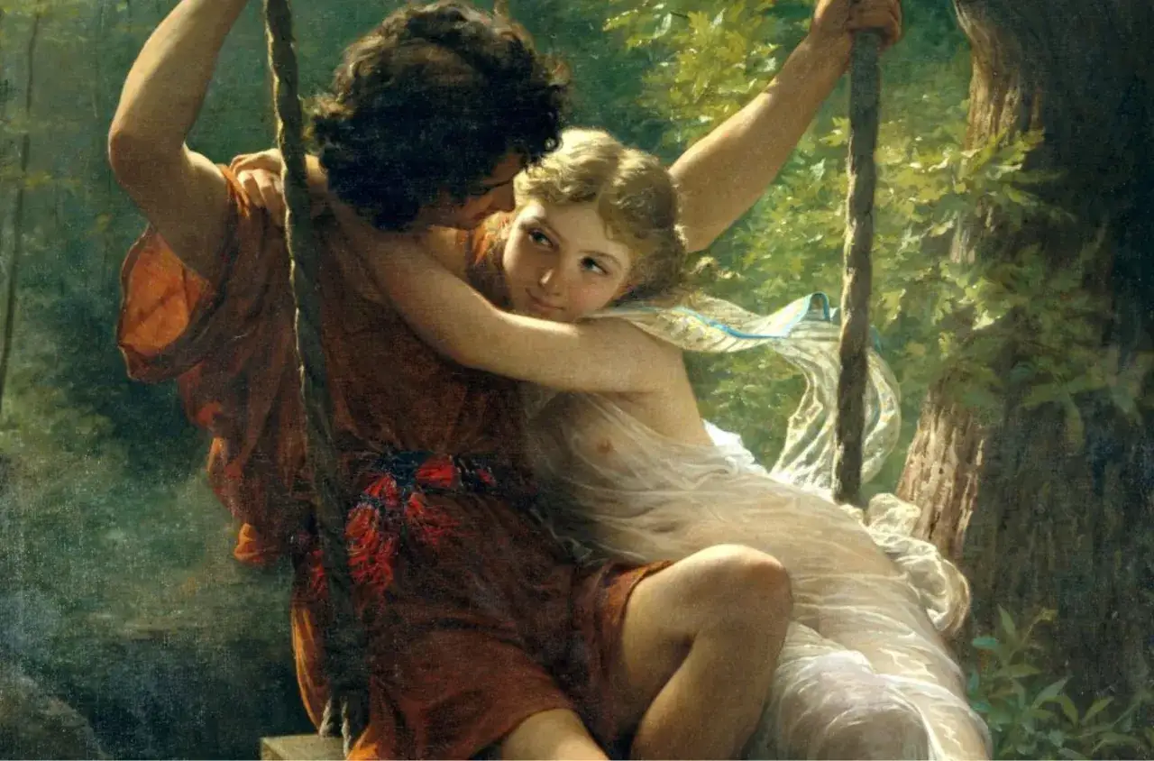 Une peinture romantique dépeint un jeune couple enlacé sur une balançoire, symbolisant l'amour et la tendresse dans un cadre naturel luxuriant.