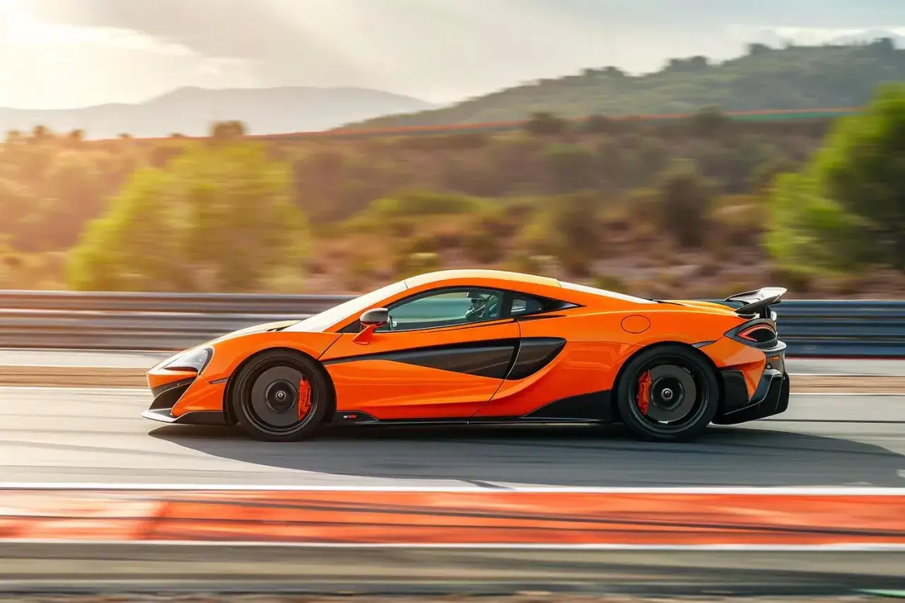 Pomarańczowe sportowe auta marki McLaren pędzą po torze wyścigowym, otoczone zielenią i górami.