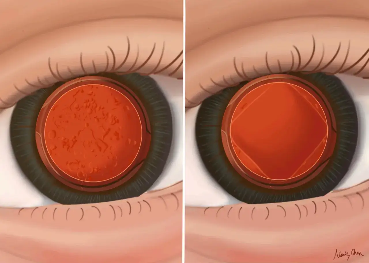 Occhio sinistro con opacità capsulare, occhio destro dopo capsulotomia con visione chiara.