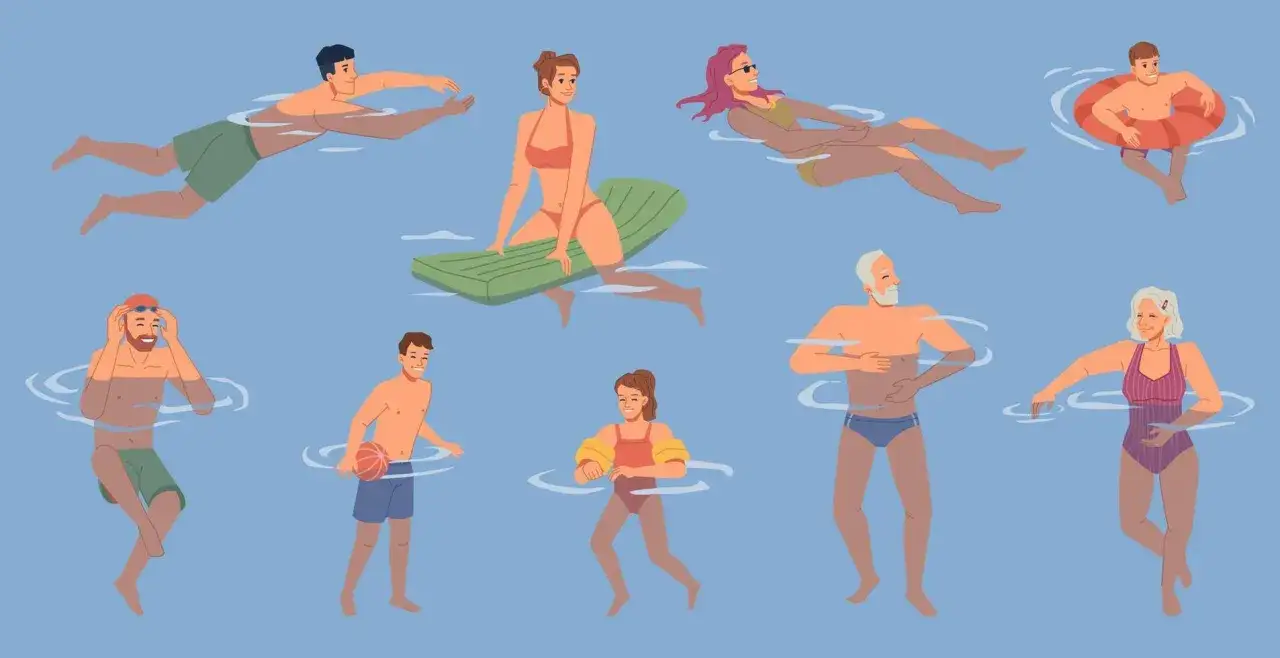 Un dibujo f&aacute;cil de verano con gente disfrutando en la piscina: nadando, flotando en colchonetas y con flotadores.