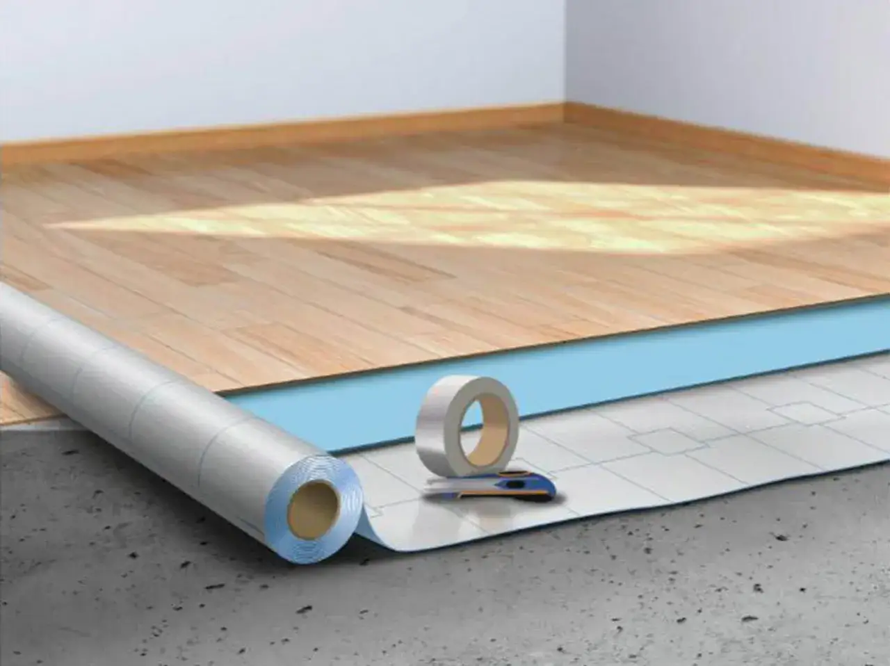 Préparation pour la pose sous couche parquet : rouleau isolant, ruban adhésif et cutter sur un sol brut.