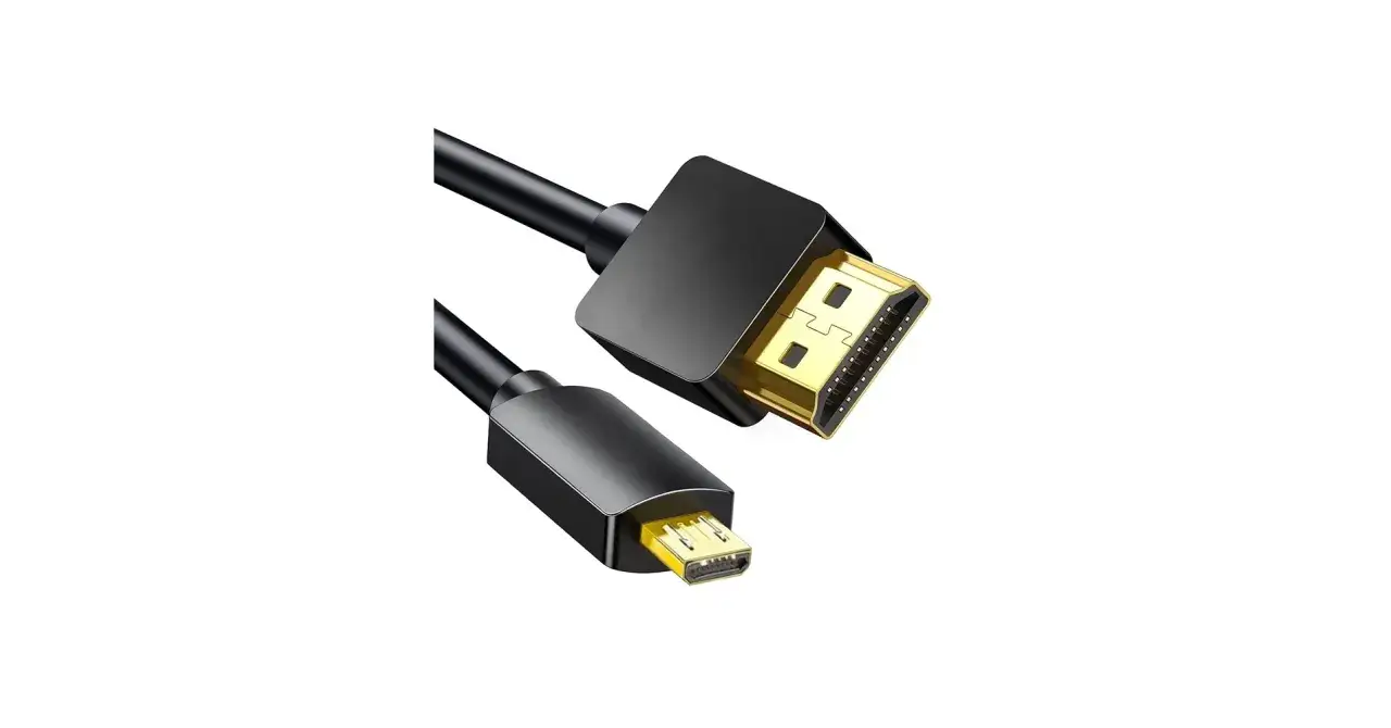 En svart kabel med en micro USB-kontakt i ena änden och en HDMI-kontakt i den andra. Perfekt för att koppla din enhet till en större skärm.