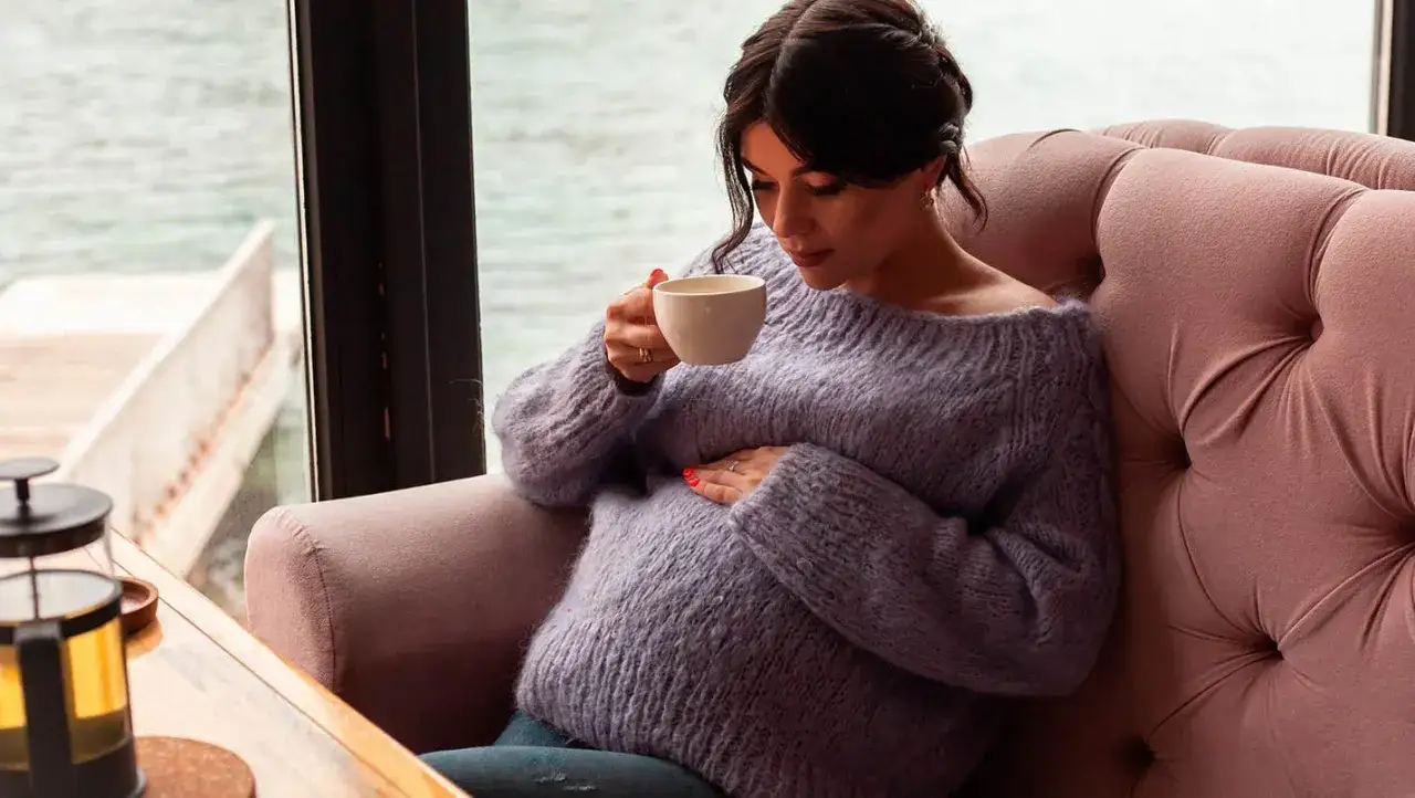 Gravid kvinna i lila tröja njuter av en kopp te vid fönstret.