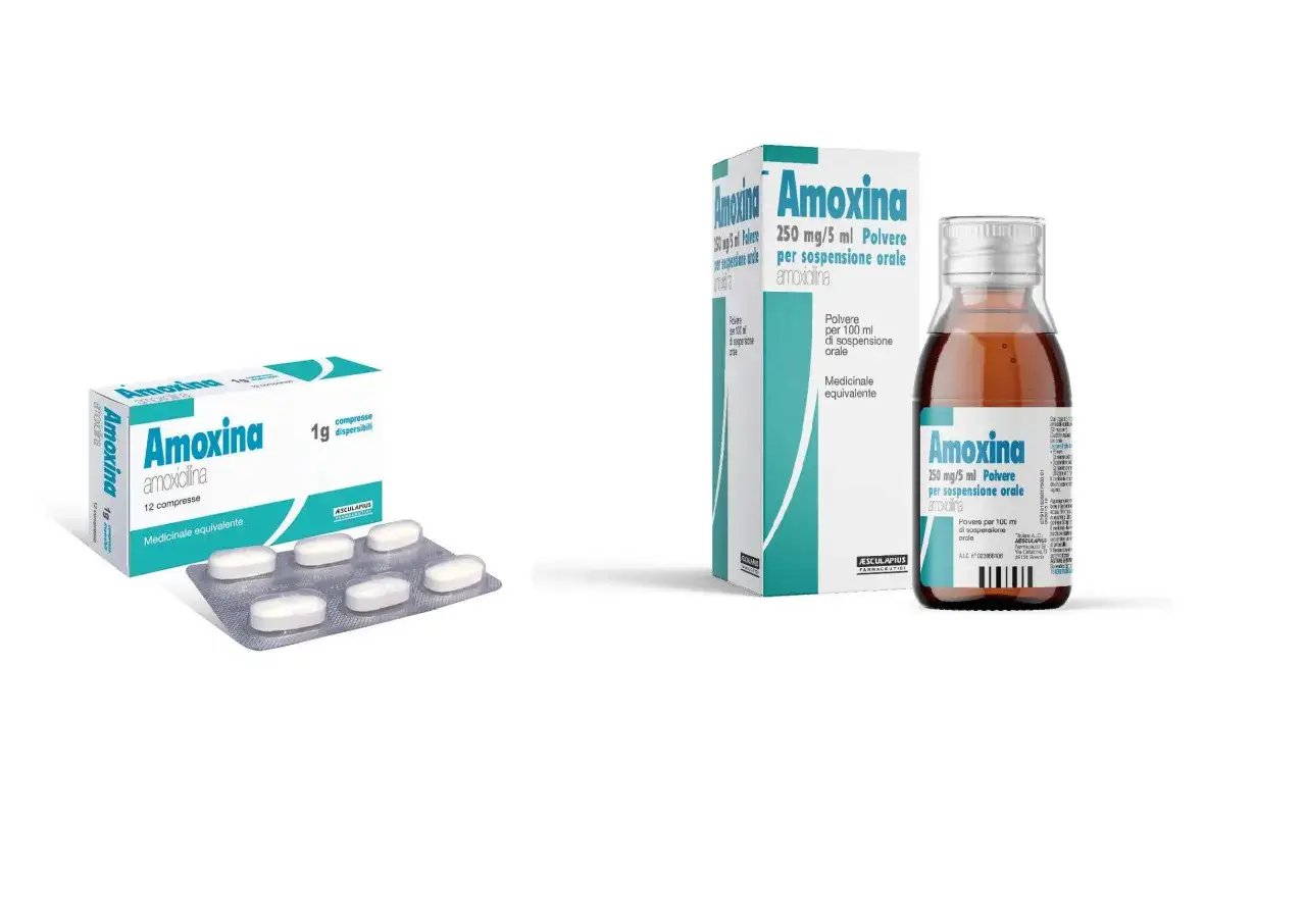 Confezioni di amoxicillina bambini: compresse da 1g e polvere per sospensione orale.