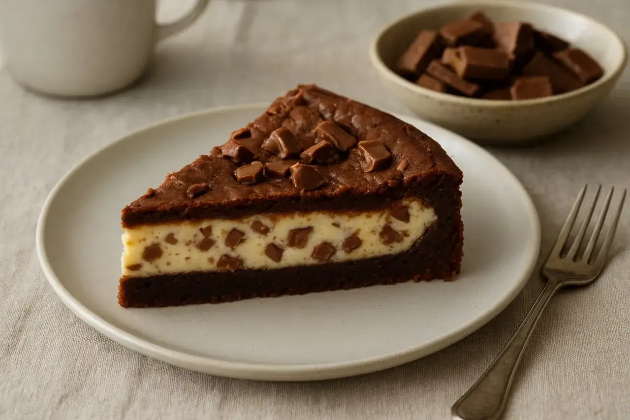 En bit chokladkaka med krämig fyllning och bitar av Daim. Perfekt att baka med Daim för en lyxig dessert.