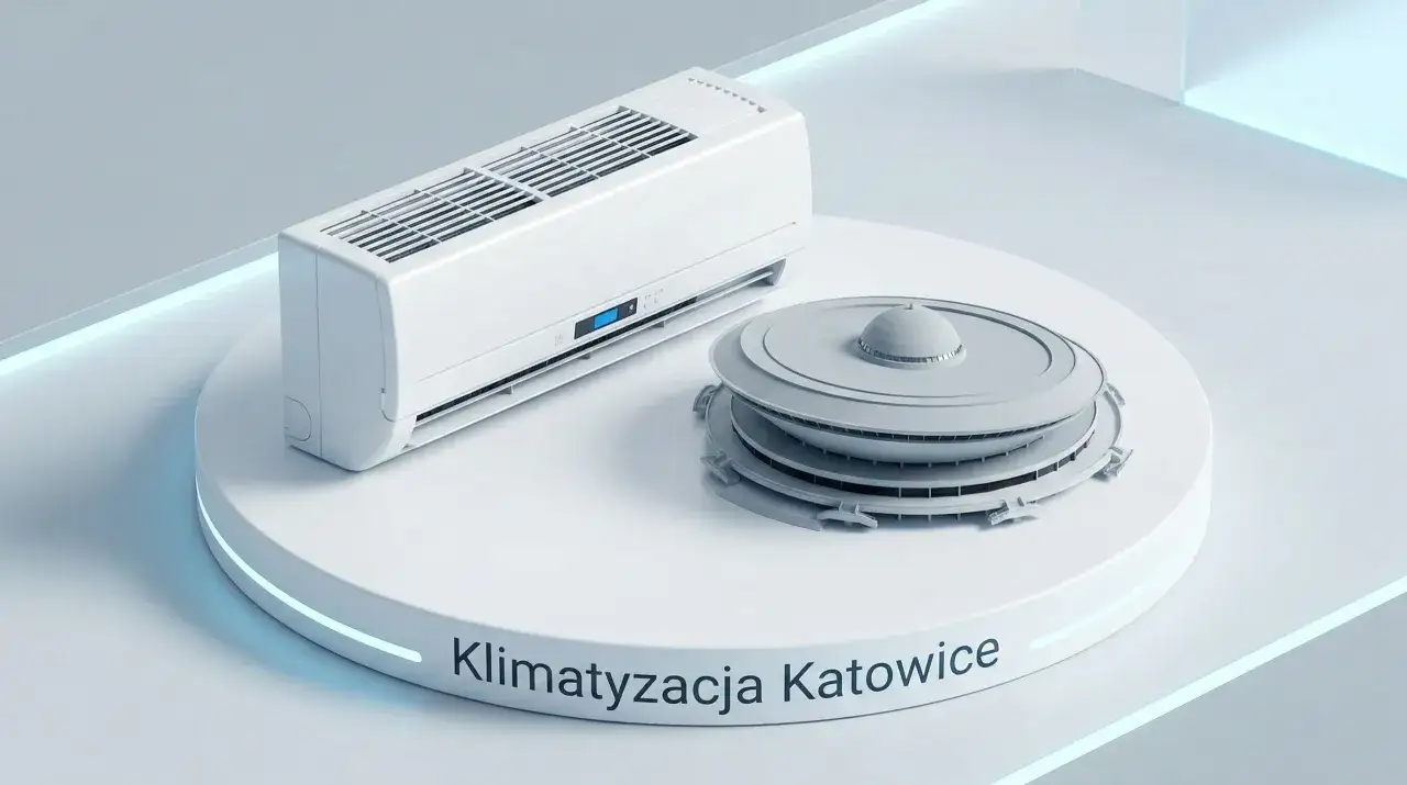 Biała klimatyzacja ścienna i model Spodka na białej platformie z napisem 